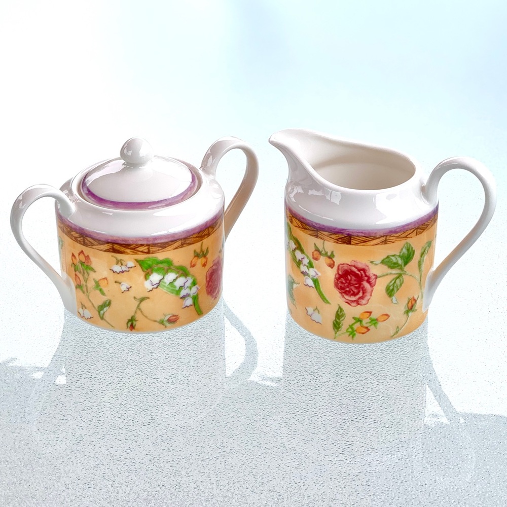 222 Fifth Tuscany Rose Cottagecore Fine China Cream and Sugar Set